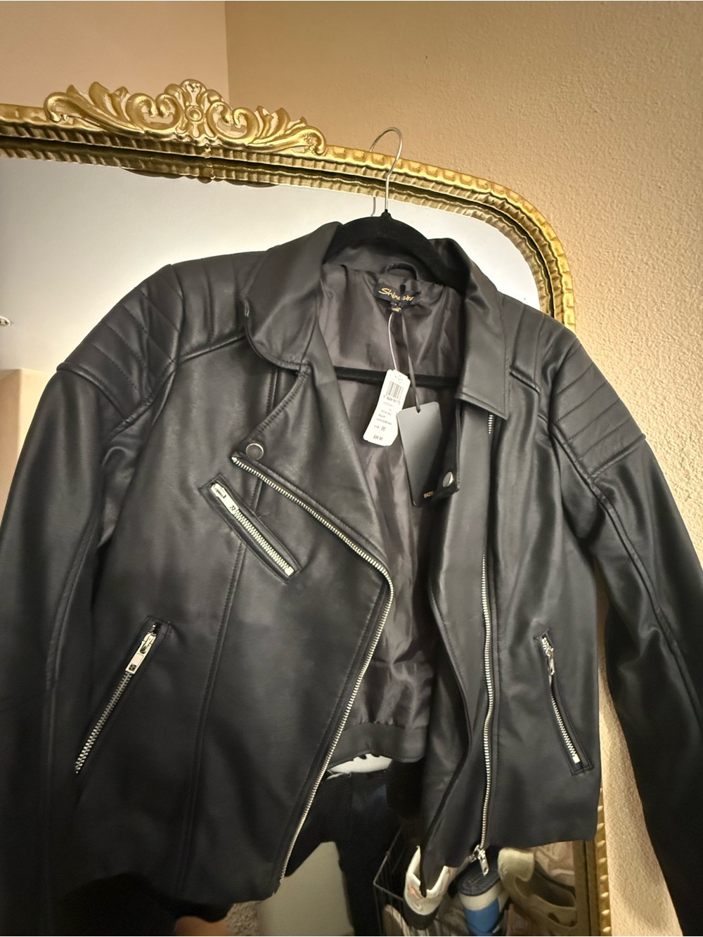 Shinestar Black Faux Leather Moto Jacket with Silver Hardware